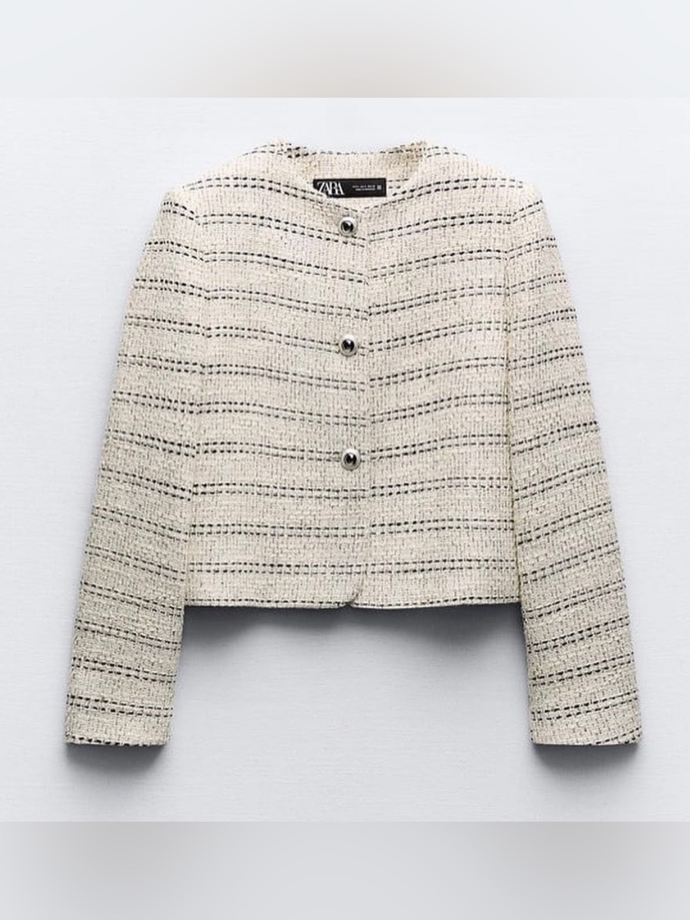 Zara Cream Tweed Cropped Blazer with Subtle Black Stripes